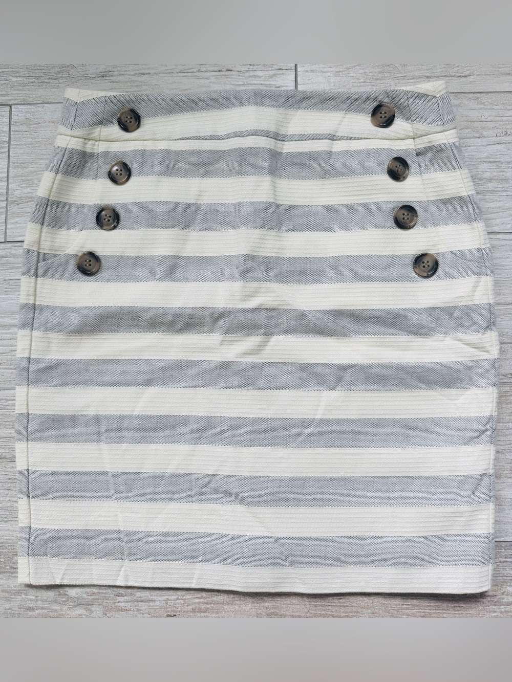Gray and White Striped Pencil Skirt with Front Button Detail